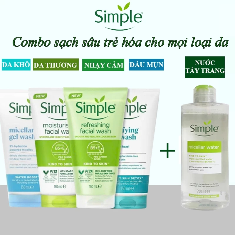 Combo Sữa rửa mặt Simple + nước tẩy trang cho mọi loại da